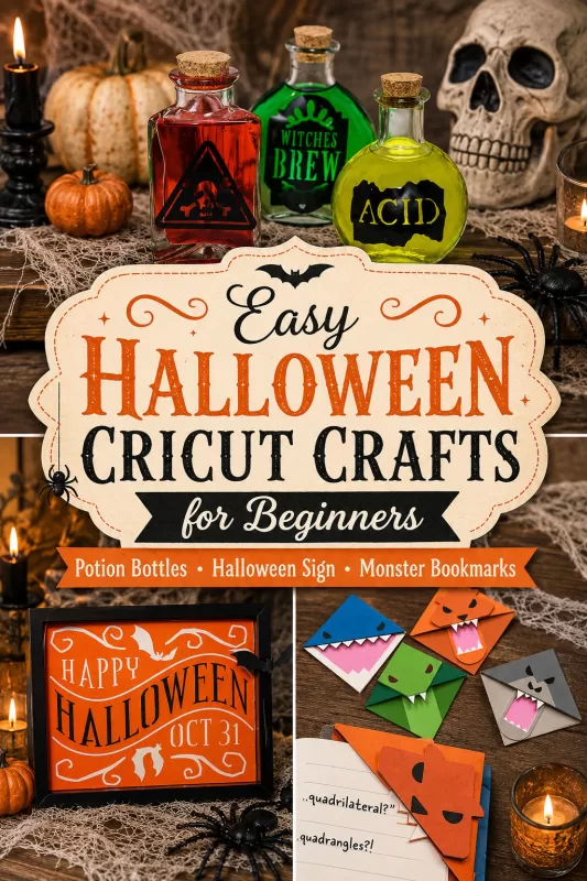 Halloween Cricut craft display with potion bottles, a Halloween sign, monster bookmarks, pumpkins, candles, skull, spiders, and spooky decor