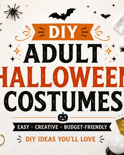 Graphic for DIY adult Halloween costumes with craft supplies, paint tools, costume accessories, pumpkins, bats, tarot cards, and Halloween decorations.