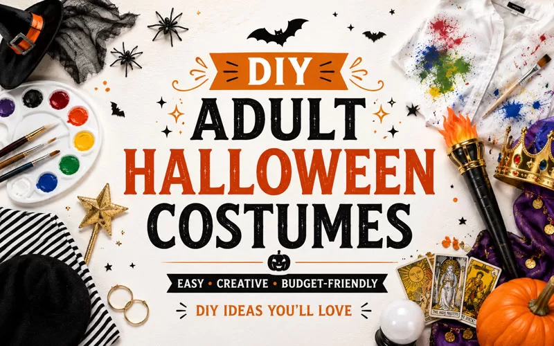 Graphic for DIY adult Halloween costumes with craft supplies, paint tools, costume accessories, pumpkins, bats, tarot cards, and Halloween decorations.