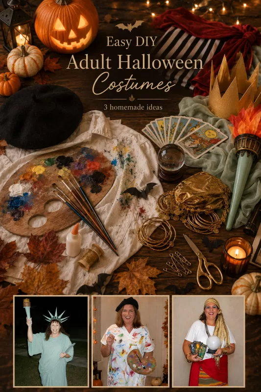 DIY Halloween costume supplies with pumpkins, paint palette, tarot cards, crown, torch, beret, fabric, and three homemade costume photos along the bottom.