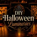 Glowing Halloween luminaries with haunted house, ghost, and spiderweb designs displayed with pumpkins and fall leaves on a dark tabletop, with the words DIY Halloween Luminaries centered over the image.