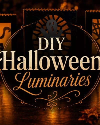 Glowing Halloween luminaries with haunted house, ghost, and spiderweb designs displayed with pumpkins and fall leaves on a dark tabletop, with the words DIY Halloween Luminaries centered over the image.