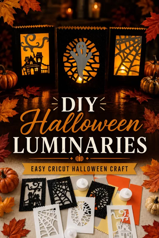 Glowing Halloween paper luminaries with ghost, haunted house, and spiderweb designs, surrounded by fall leaves, pumpkins, and Cricut craft supplies.