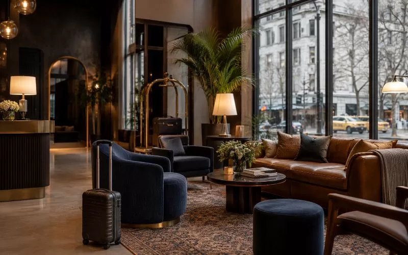 Boutique hotel lobby in New York City with cozy seating, warm lighting, luggage, and city street views, ideal for a relaxed NYC travel stay.