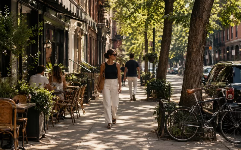 Relaxed New York neighborhood walking scene with a sidewalk café, tree-lined street, brownstone buildings, and a calm city travel atmosphere.