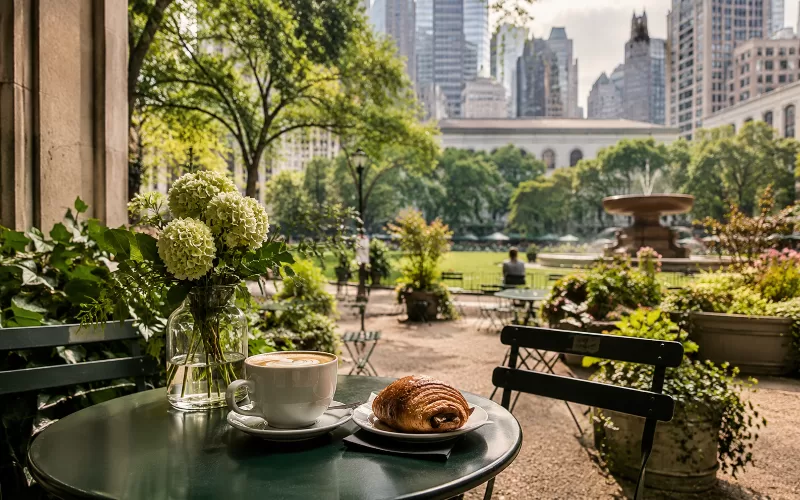 Coffee and croissant on a café table in Bryant Park with greenery, park seating, and New York City buildings in the background.