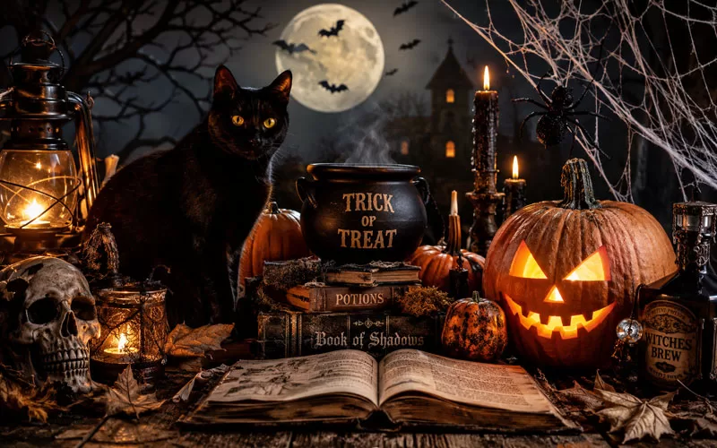 Black cat, glowing jack-o’-lantern, bats, candles, spiderwebs, skull, and spooky Halloween decorations under a full moon.