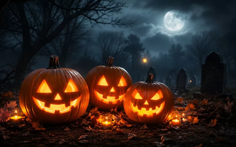 Three glowing jack-o’-lanterns in a foggy graveyard with candles, fall leaves, bare trees, and a bright full moon.