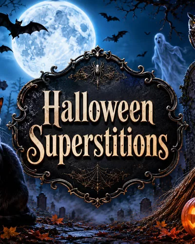 Halloween superstitions graphic with a black cat, glowing pumpkins, bats, owl, ghost, spiderweb, witch hat, broom, and full moon in a spooky graveyard.