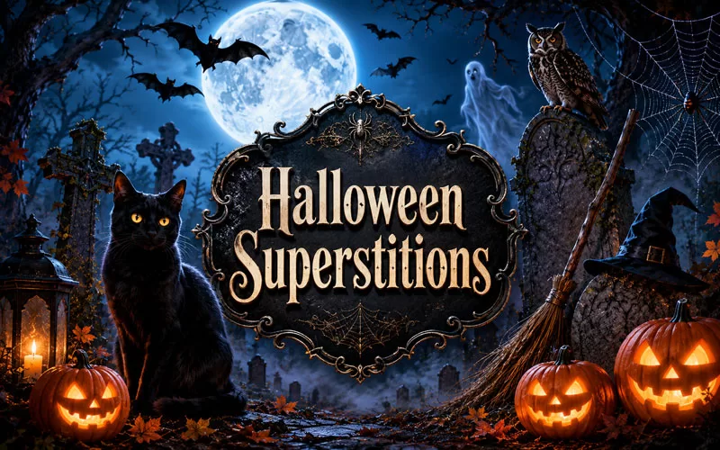Halloween superstitions graphic with a black cat, glowing pumpkins, bats, owl, ghost, spiderweb, witch hat, broom, and full moon in a spooky graveyard.