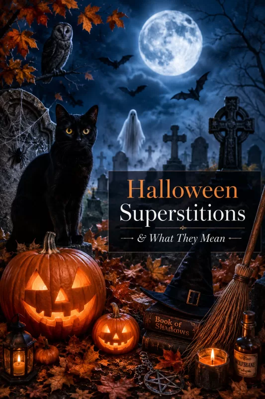 Spooky Halloween cemetery scene with a black cat, glowing jack-o’-lanterns, bats, ghost, owl, witch hat, broom, candles, fall leaves, and full moon.
