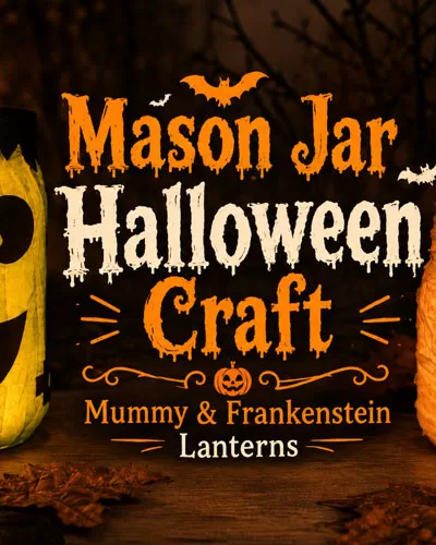 Glowing Frankenstein and mummy mason jar lanterns with Halloween pumpkins and decorative title text