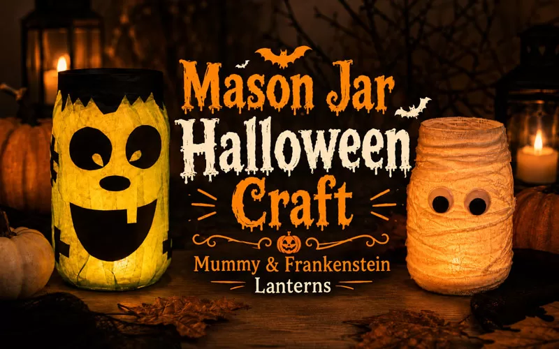 Glowing Frankenstein and mummy mason jar lanterns with Halloween pumpkins and decorative title text