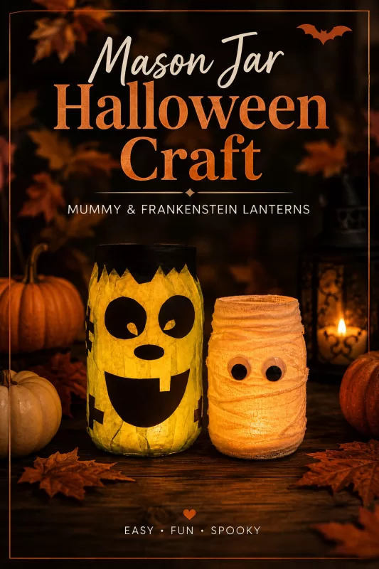 Glowing Frankenstein and mummy mason jar lanterns displayed with pumpkins and autumn leaves in a dark Halloween setting