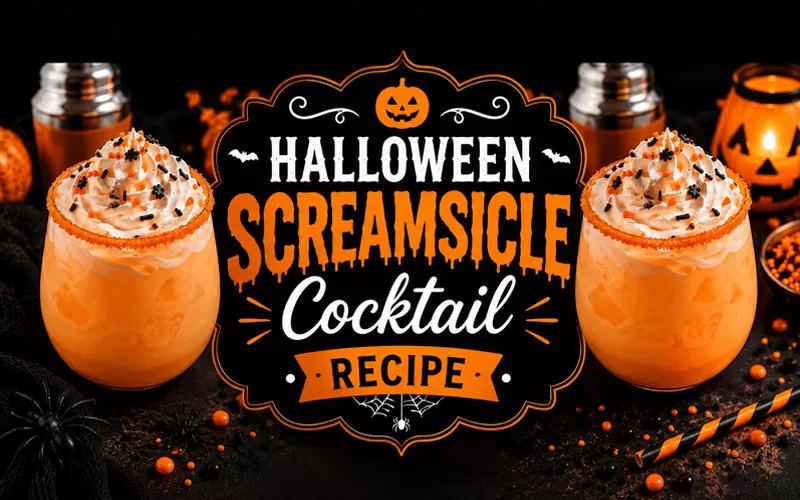 Halloween Screamsicle cocktail topped with whipped cream and black and orange sprinkles surrounded by pumpkins, spooky decor, and glowing candlelight.
