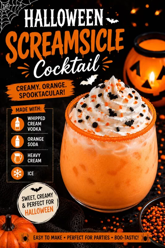 Pinterest graphic for a Halloween Screamsicle Cocktail featuring a creamy orange drink topped with whipped cream and Halloween sprinkles surrounded by spooky decor and pumpkins.