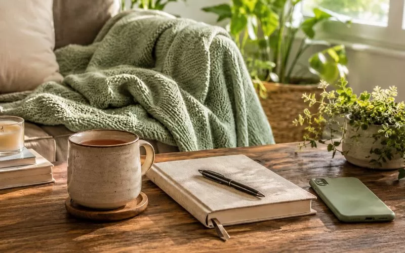 Cozy mental health habits scene with a journal, mug, face-down phone, green blanket, and houseplants in warm natural light.