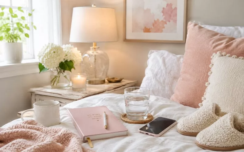 Bright bedside wind-down routine with a journal, glass of water, phone, lamp, slippers, and soft neutral bedding.