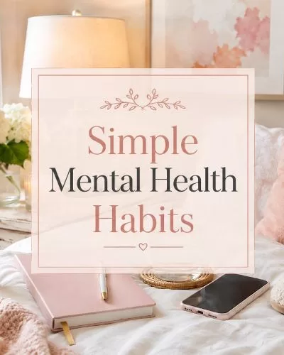 Cozy bedroom scene with soft pink and cream bedding, a journal, water glass, phone, slippers, and centered text reading “Simple Mental Health Habits.”