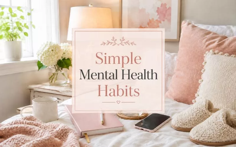 Cozy bedroom scene with soft pink and cream bedding, a journal, water glass, phone, slippers, and centered text reading “Simple Mental Health Habits.”