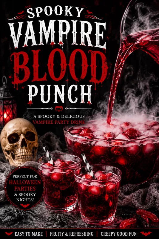 Pinterest-style graphic for Halloween Blood Punch featuring a spooky red vampire punch with fog, skull decorations, and gothic Halloween party styling.