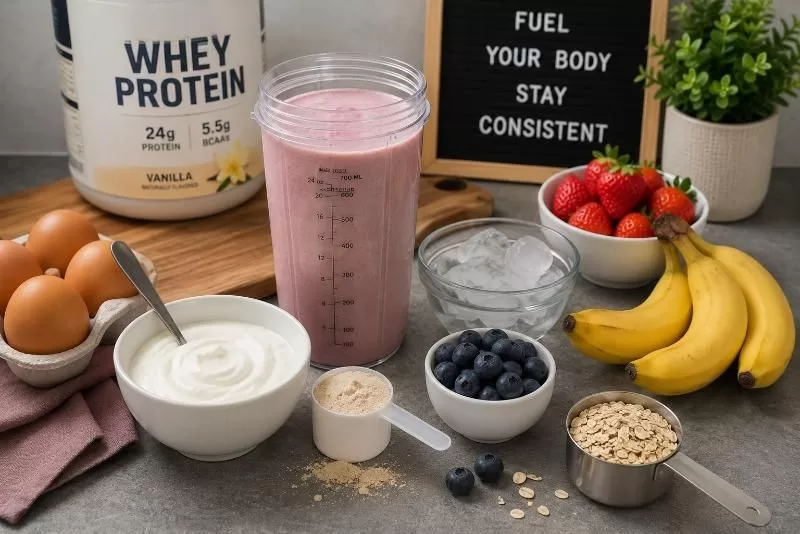 Protein smoothie ingredients with Greek yogurt, eggs, fruit, oats, water, and whey protein for eating well on a fitness journey.
