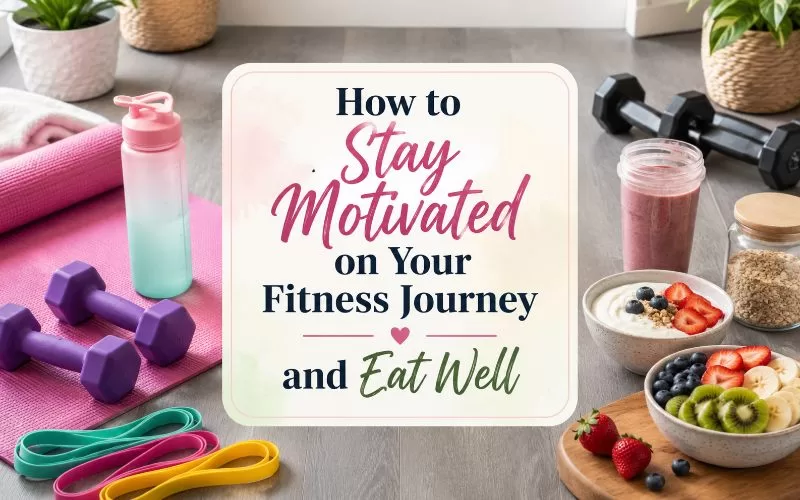 Fitness journey graphic with colorful workout gear, resistance bands, dumbbells, protein smoothie, yogurt bowl, fruit, and the phrase stay motivated on your fitness journey and eat well.