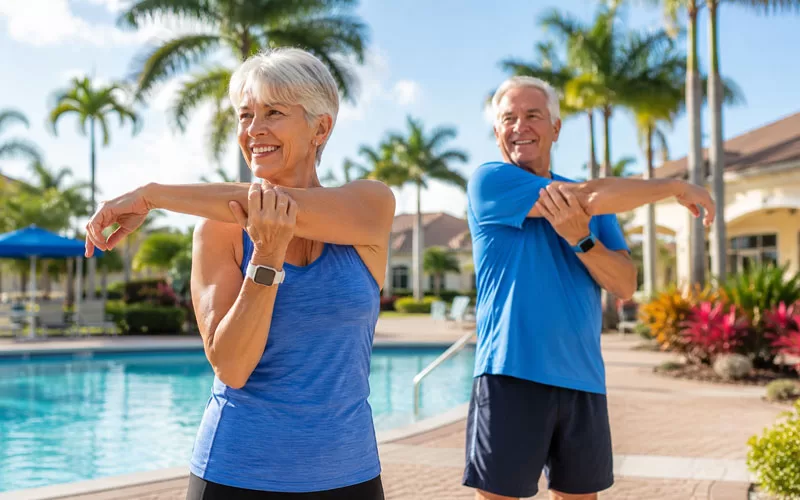 Older adults stretching beside a sunny Florida pool as part of an active retirement lifestyle.