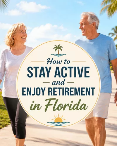 Older couple walking along a sunny Florida waterfront path with a centered graphic title about staying active and enjoying retirement in Florida.