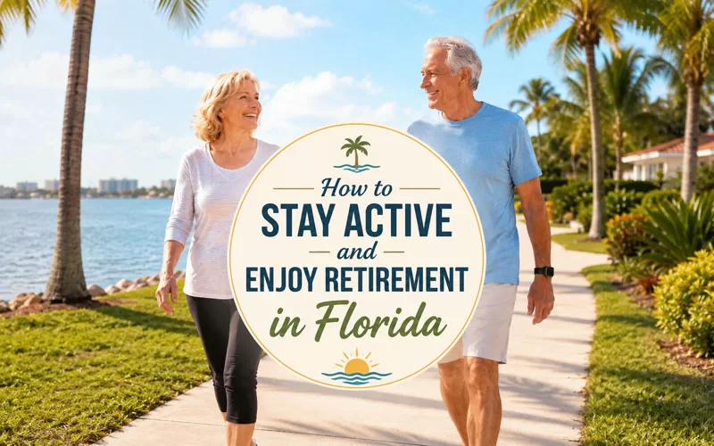Older couple walking along a sunny Florida waterfront path with a centered graphic title about staying active and enjoying retirement in Florida.