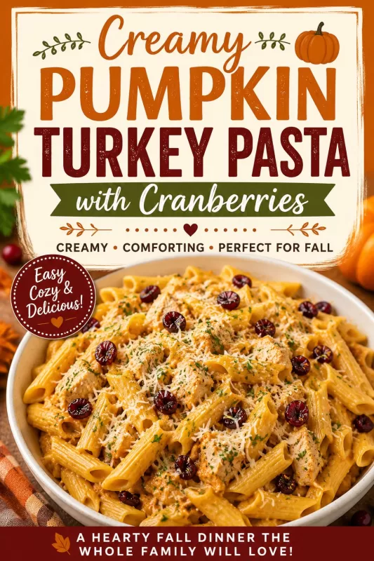 Pinterest-style graphic for creamy pumpkin turkey pasta with cranberries featuring a cozy fall pasta dish topped with parmesan cheese and seasonal autumn accents.