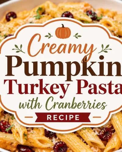 Creamy pumpkin turkey pasta with dried cranberries and parmesan cheese featured in a decorative autumn-themed recipe graphic.
