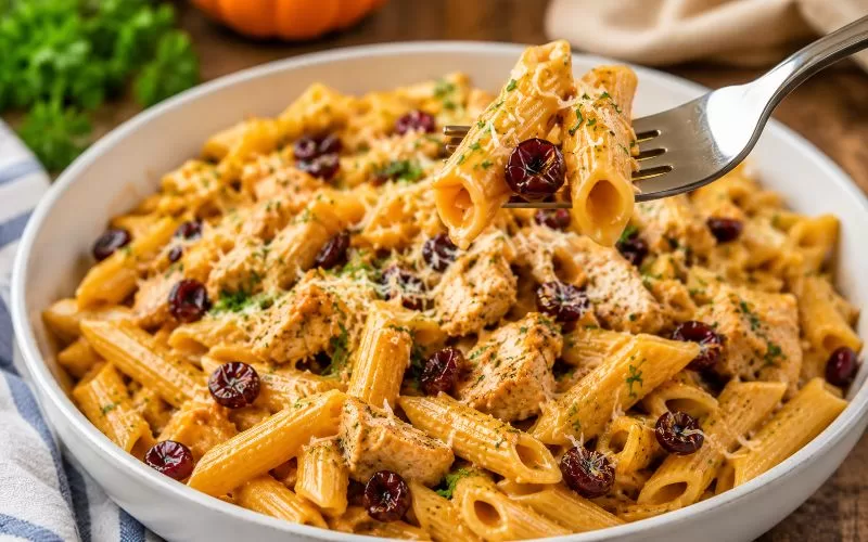 Close-up of creamy pumpkin turkey pasta with dried cranberries and parmesan cheese with a fork lifting penne pasta from the bowl.