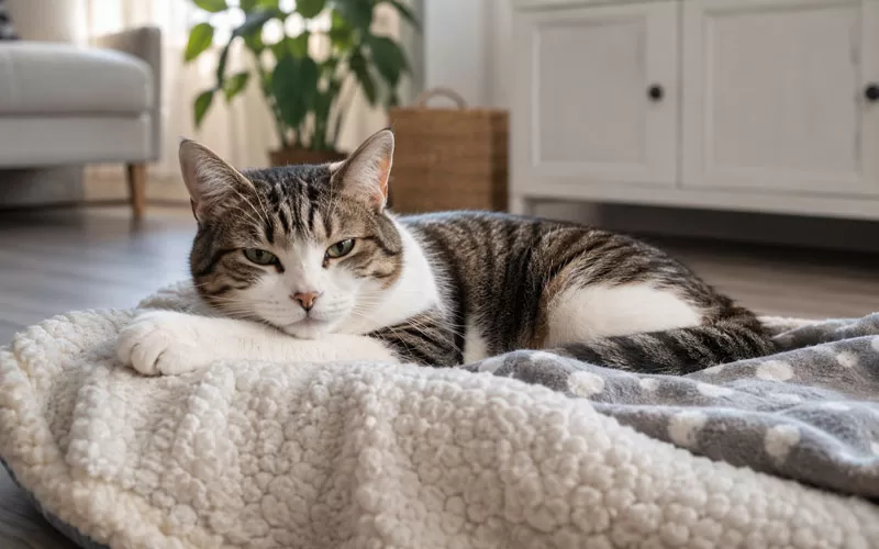 Calm tabby cat resting on a soft blanket in a cozy home after being cared for.