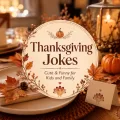 Cozy Thanksgiving table with pumpkins, fall leaves, candles, place settings, and centered Thanksgiving jokes text.