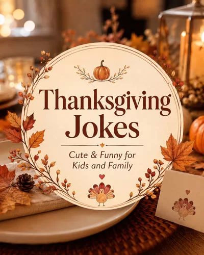 Cozy Thanksgiving table with pumpkins, fall leaves, candles, place settings, and centered Thanksgiving jokes text.