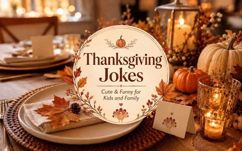 Cozy Thanksgiving table with pumpkins, fall leaves, candles, place settings, and centered Thanksgiving jokes text.