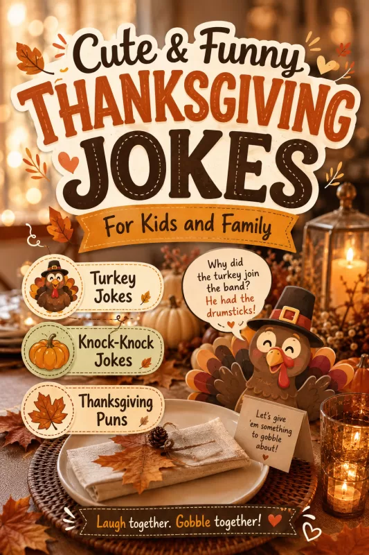 Thanksgiving table with pumpkins, fall leaves, candles, a cheerful turkey, and playful Thanksgiving jokes for kids and family.