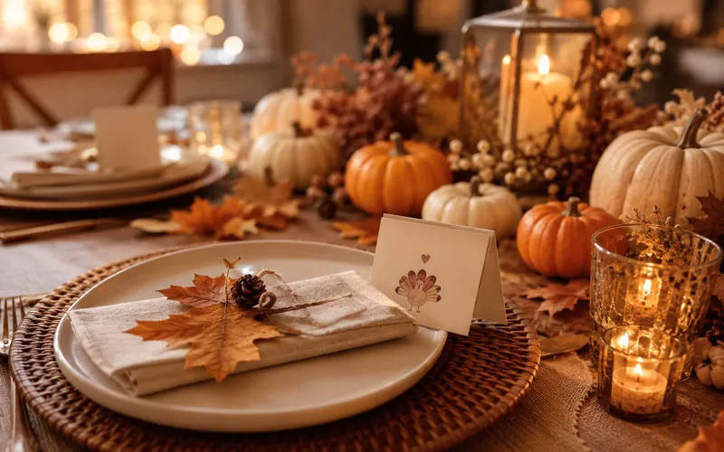 Cozy Thanksgiving table with pumpkins, fall leaves, candles, place settings, and a small turkey card beside a dinner plate.