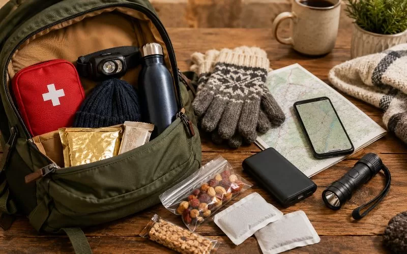 Winter safety essentials packed in an open backpack with a first-aid kit, headlamp, water bottle, snacks, map, phone, power bank, flashlight, gloves, and hand warmers.