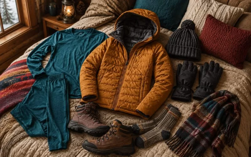 Colorful winter clothing layers laid out on a cozy cabin bed, including a base layer, warm jacket, boots, gloves, hat, socks, and scarf.