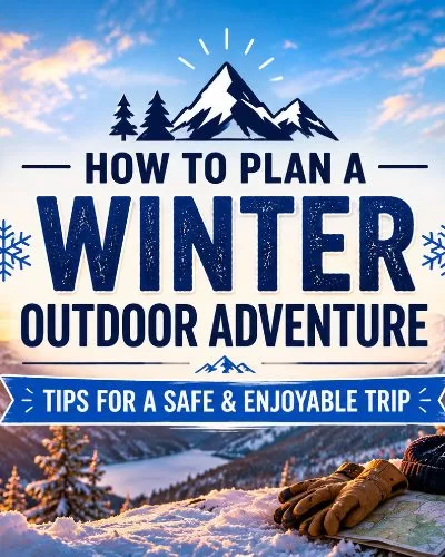 Featured image for a winter outdoor adventure article with centered text, snowy mountains, evergreen trees, and a warm sunrise background.