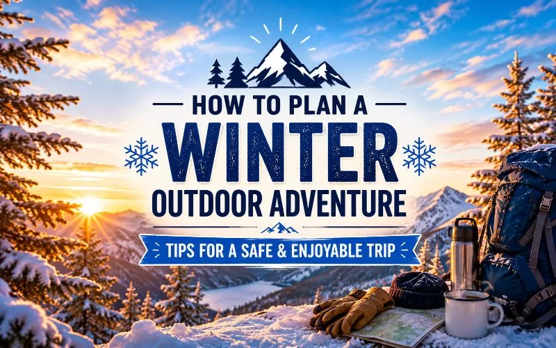 Featured image for a winter outdoor adventure article with centered text, snowy mountains, evergreen trees, and a warm sunrise background.