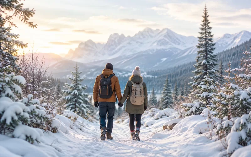 Couple walking along a snowy winter trail with backpacks, evergreen trees, and soft mountain views for a winter outdoor adventure article.