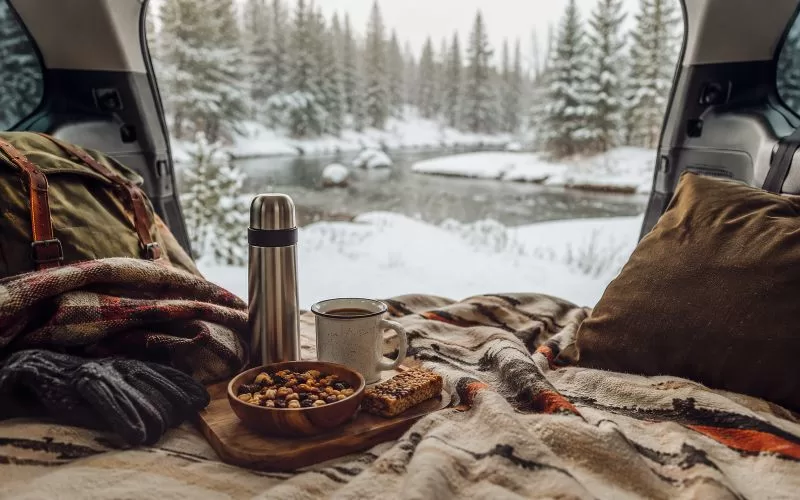 Cozy winter car scene with a thermos, warm blanket, snacks, gloves, and snowy forest view for a winter outdoor adventure.