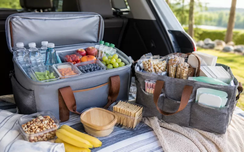 Organized road trip snack cooler packed with water bottles, fruit, crackers, granola bars, wipes, and family travel snacks in the back of a vehicle.