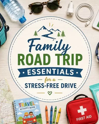 Family road trip essentials laid out neatly with snacks, water, headphones, tablet, map, first aid kit, wipes, chargers, and travel comfort items for a stress-free drive.