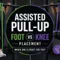 Assisted pull-up graphic showing foot vs knee placement with resistance bands on a pull-up bar.