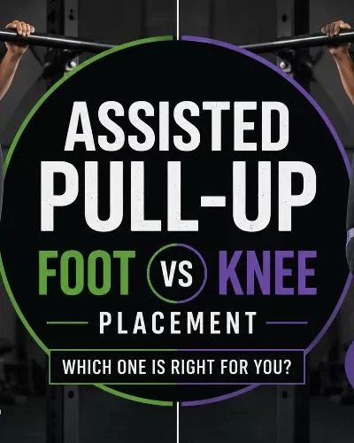 Assisted pull-up graphic showing foot vs knee placement with resistance bands on a pull-up bar.
