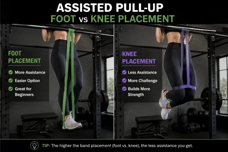 Assisted pull-up comparison showing resistance band foot placement and knee placement on a pull-up bar in a gym.